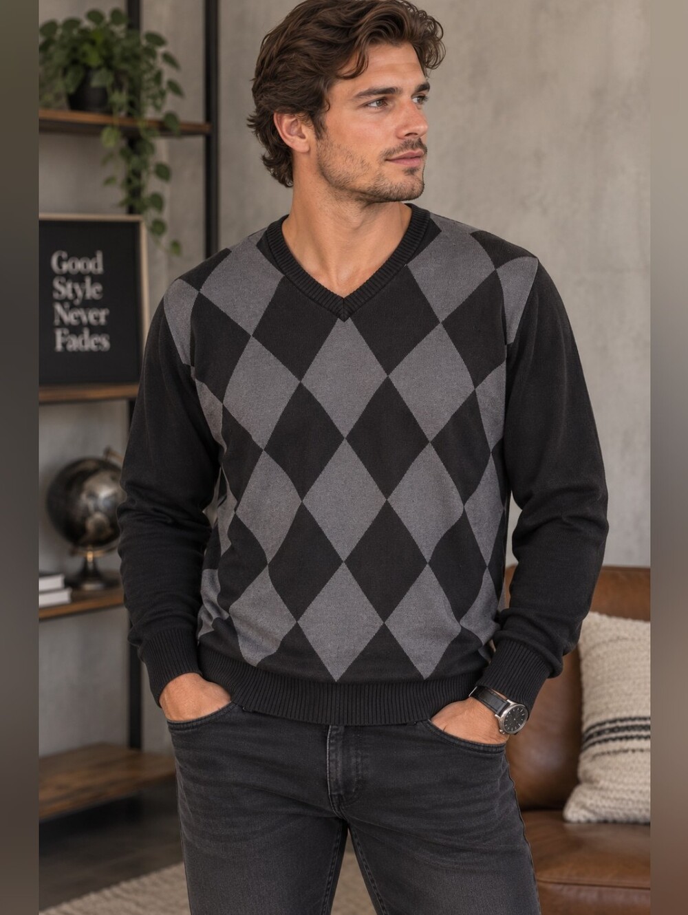 Urban Behavior Men’s Argyle V-Neck Sweater Black Gray Size M